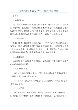运输公司处置安全生产事故应急预案