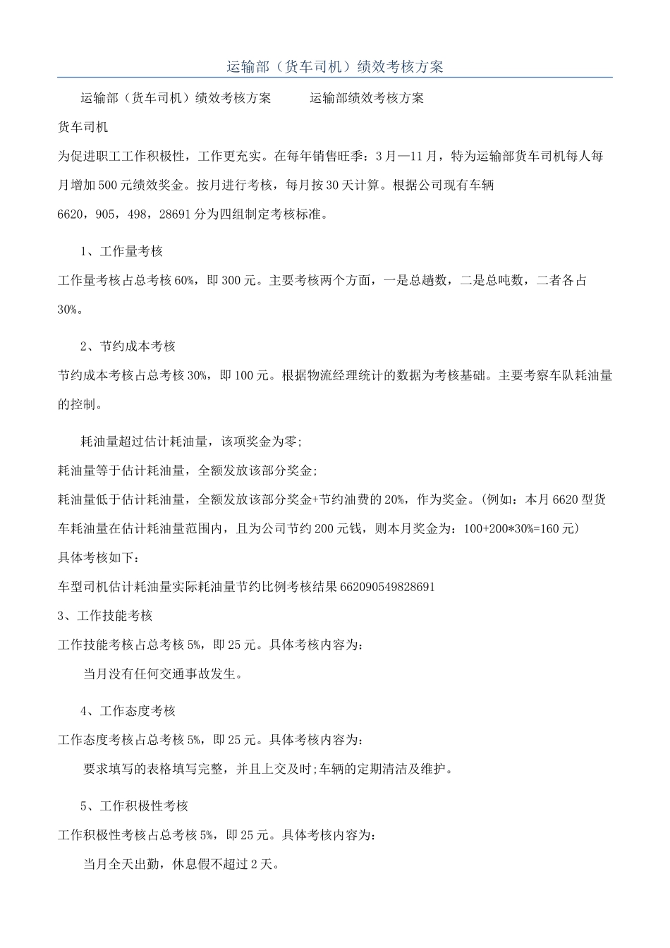 运输部（货车司机）绩效考核方案_第1页