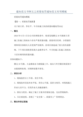 通知范文书例文之质量处罚通知范文实用模板