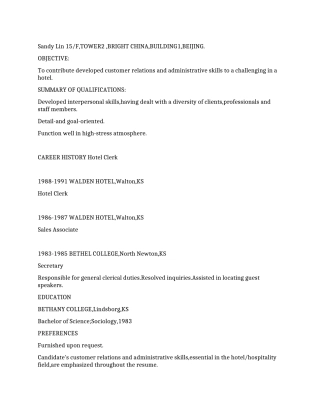 酒店文员英文简历范文