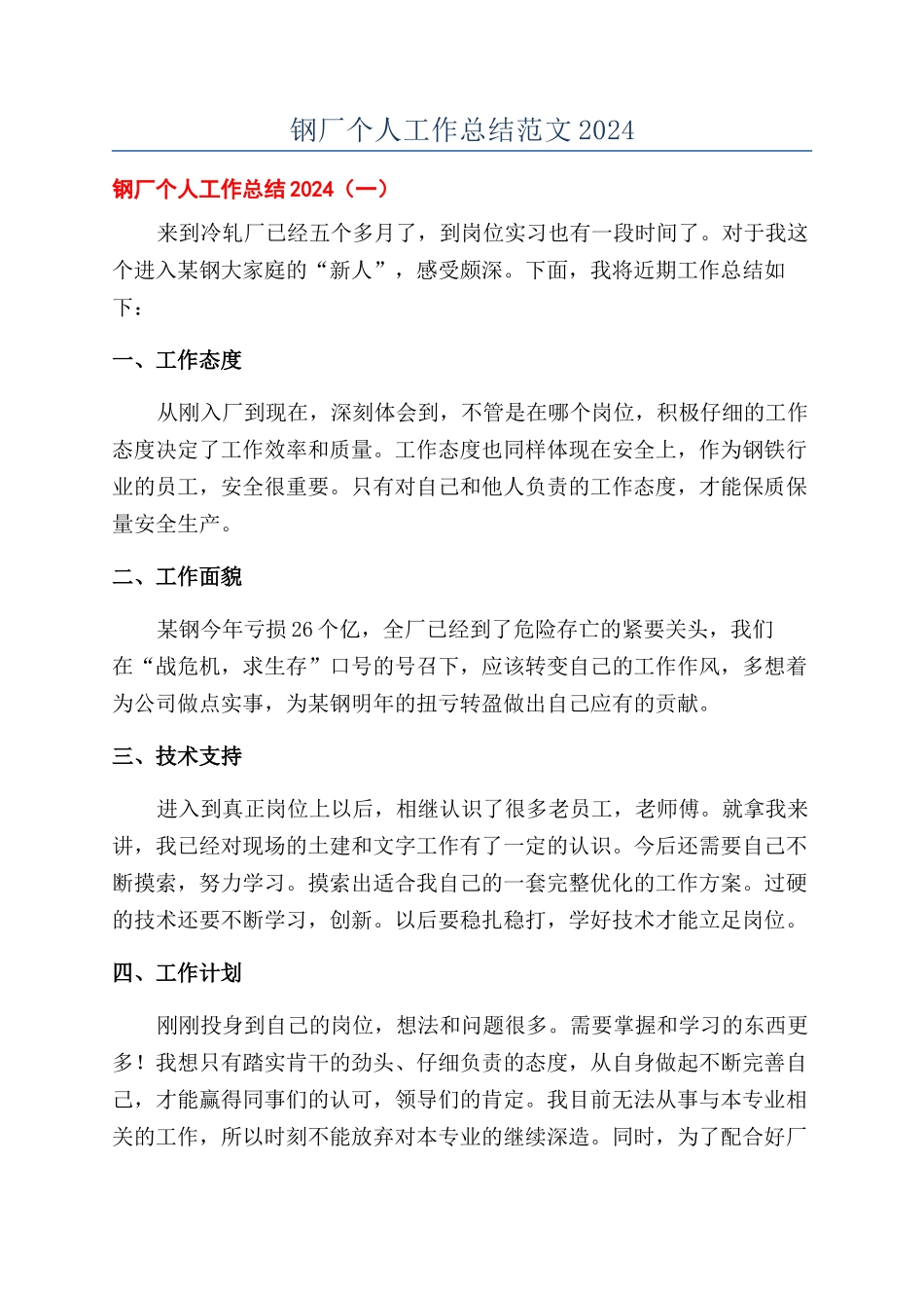 钢厂个人工作总结范文2024_第1页