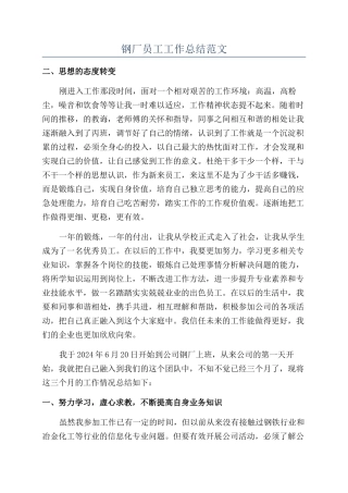 钢厂员工工作总结范文