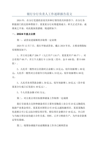 银行分行负责人工作述职报告范文