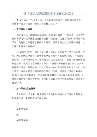 银行员工入职试用近半年工作总结范文