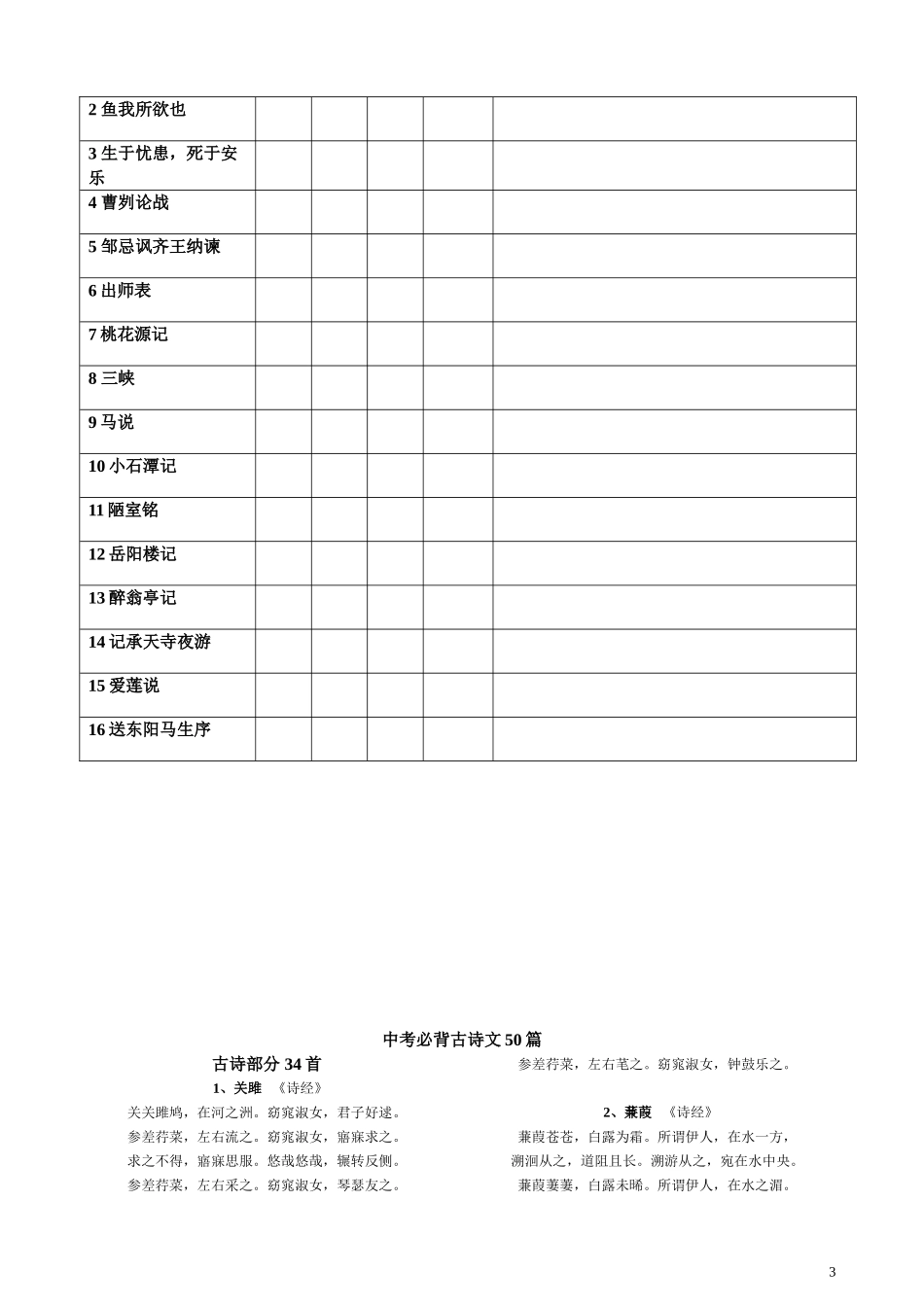 《关雎》《蒹葭》《雁门太守行》《鱼我所欲也》《邹忌讽齐王纳谏》默写登记表_第3页