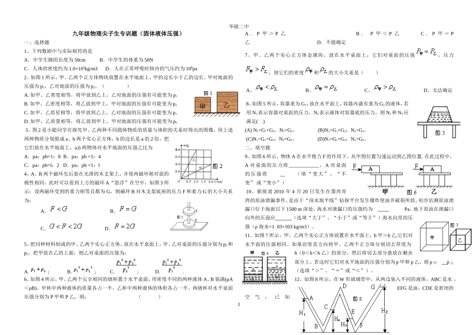 九年级物理尖子生专训题（固体液体压强）_第1页