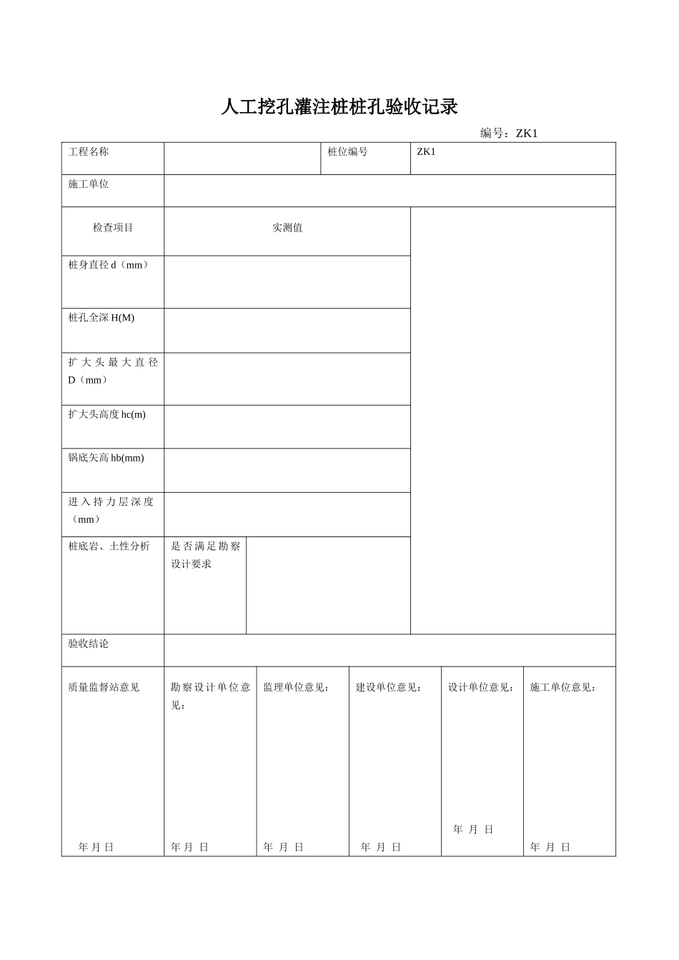 人工挖孔灌注桩桩孔验收记录_第1页