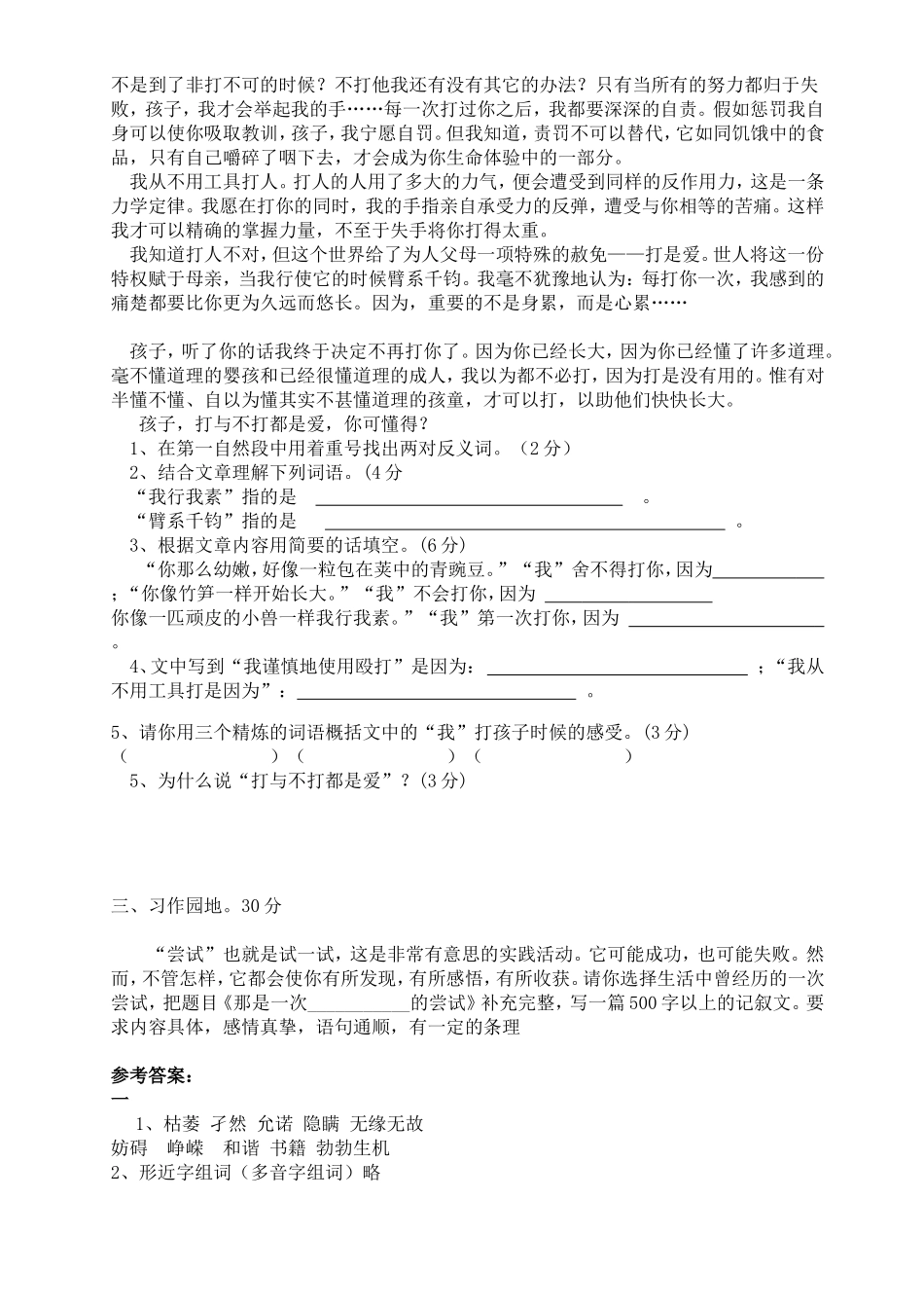 人教版六年级语文下册期中测试题_第3页