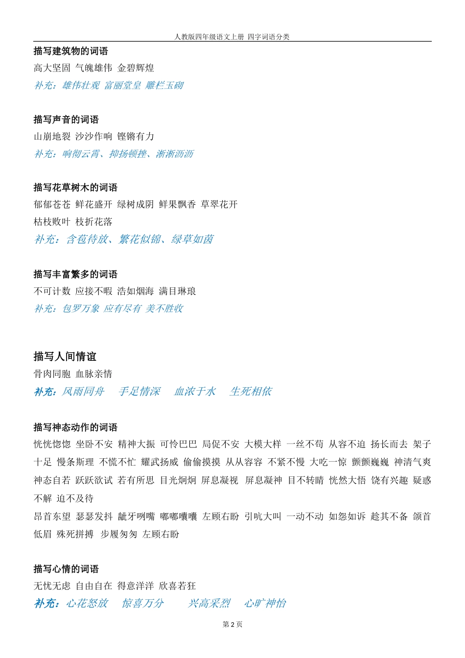 人教版四年级语文上册  四字词语分类_第2页