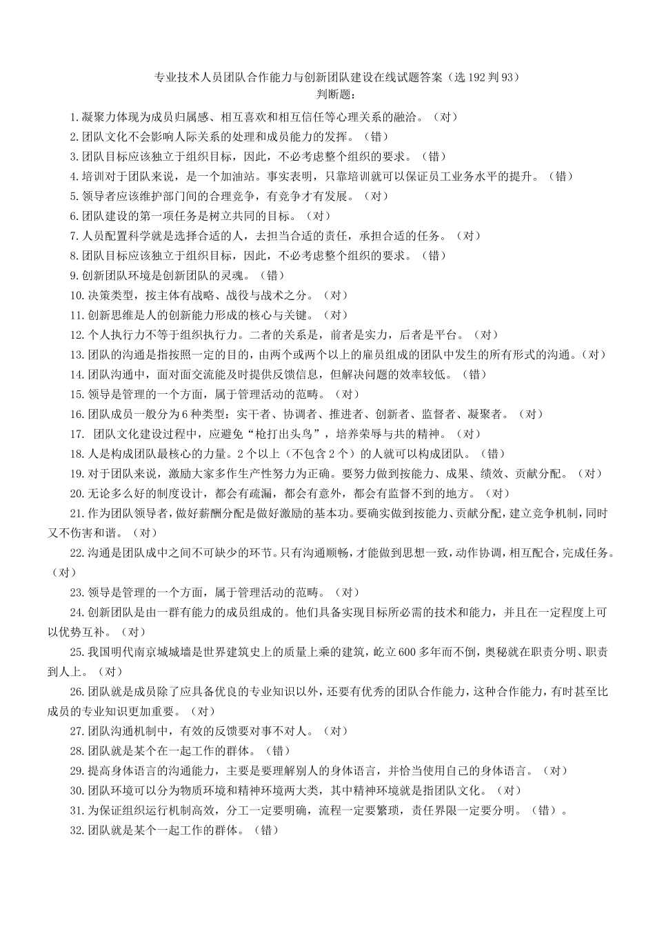 专业技术人员团队合作能力与创新团队建设在线试题答案（选192判93）_第1页