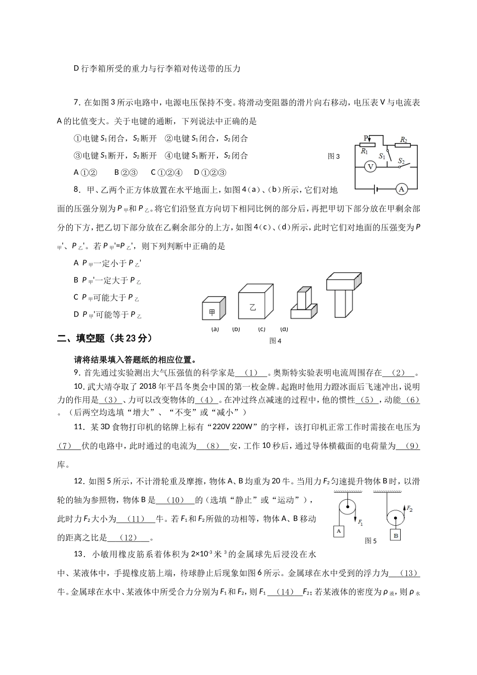 上海市闵行区学年第二学期九年级质量调研考试理化试卷_第2页