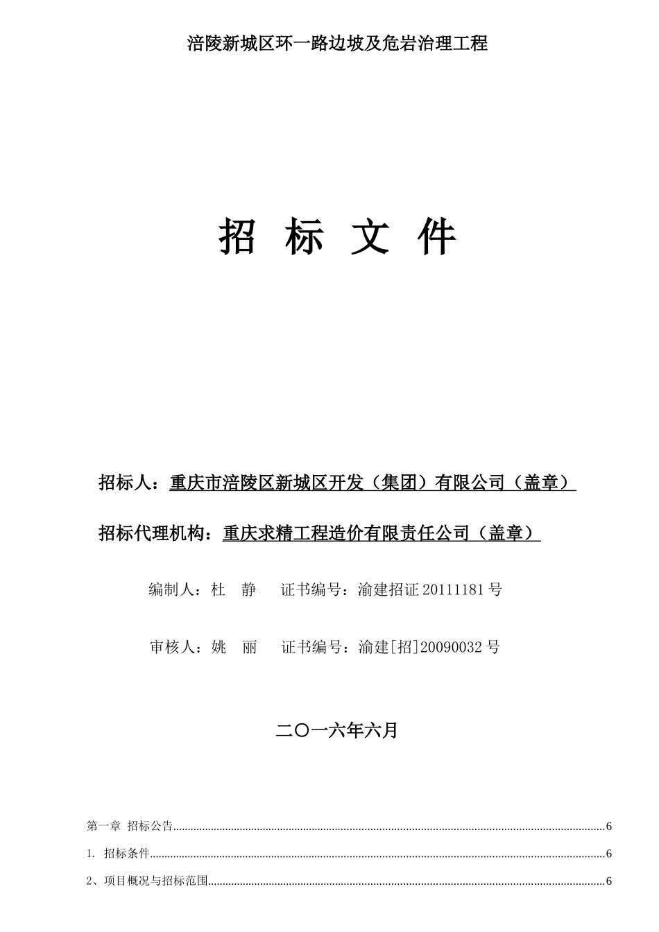 涪陵新城区环一路边坡及危岩治理工程招标文件-定稿_第1页