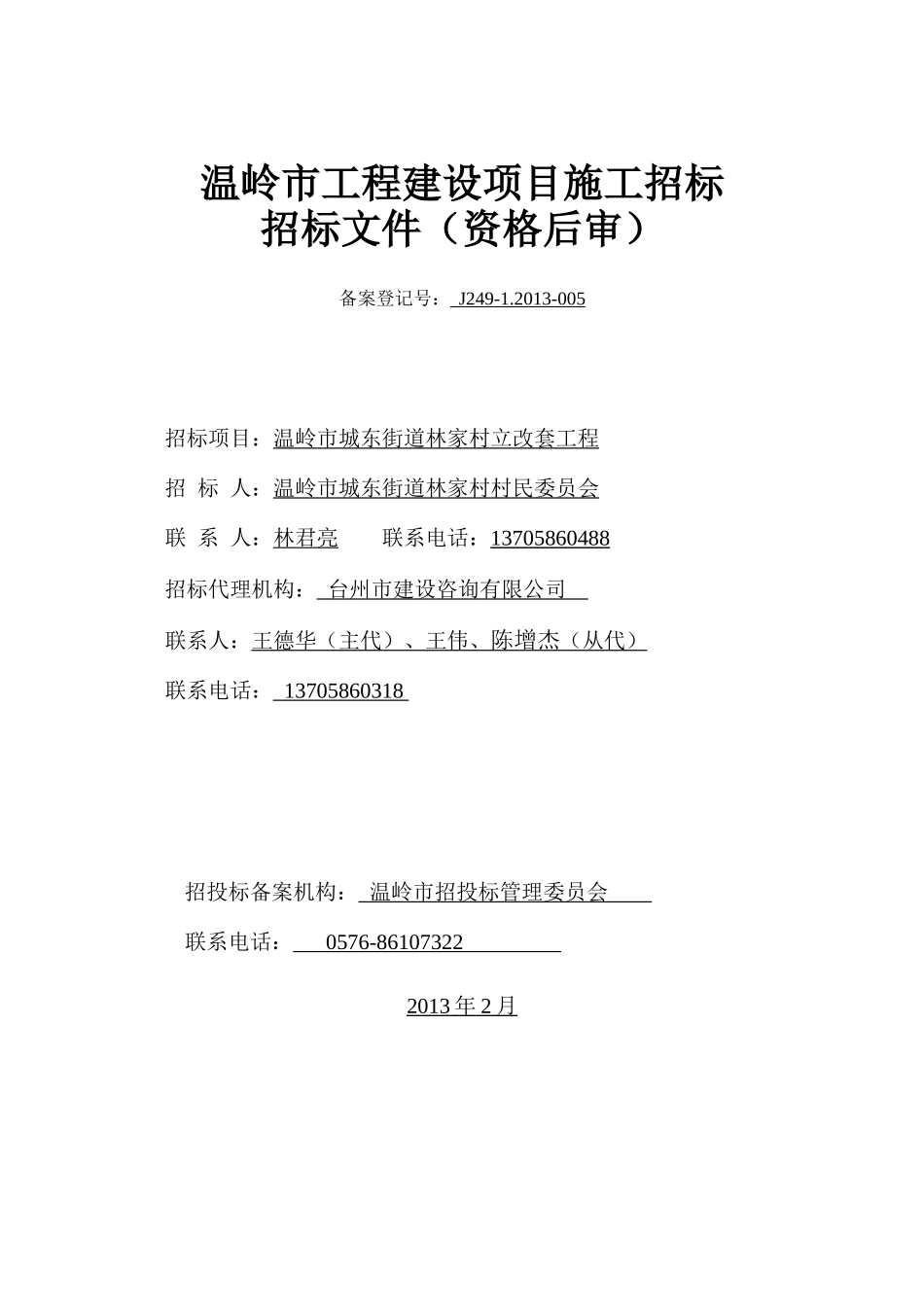 温岭市城东街道林家村立改套工程招标文件_第1页