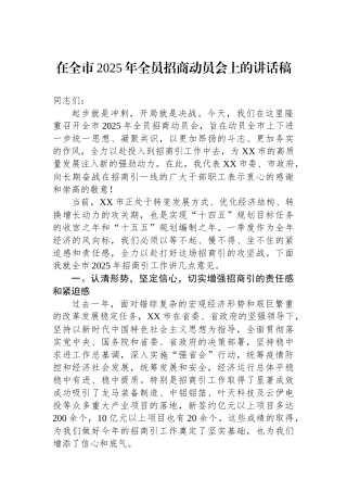 在全市2025年全员招商动员会上的讲话稿