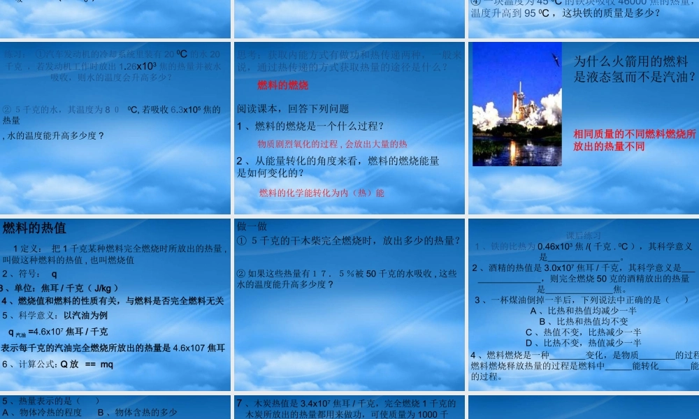 一、教学目标1、知道燃料的热值2、了解物体吸、放热的计算二、