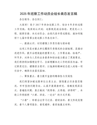 2025年巡察工作动员会组长表态发言稿