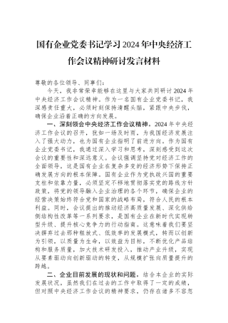 20250109国有企业党委书记学习2024年中央经济工作会议精神研讨发言材料