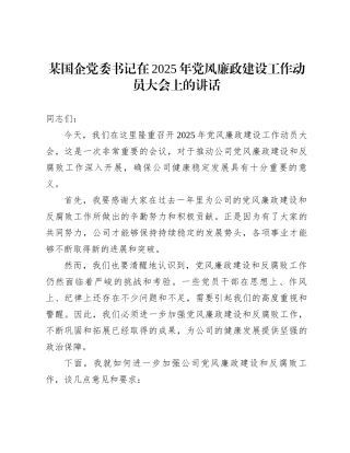 20250109某国企党委书记在2025年党风廉政建设工作动员大会上的讲话