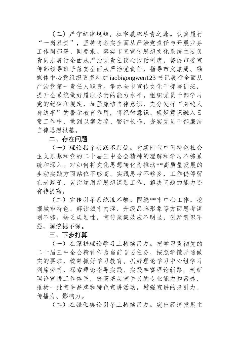 20250110宣传部长履行全面从严治党政治责任落实“一岗双责”情况报告_第2页