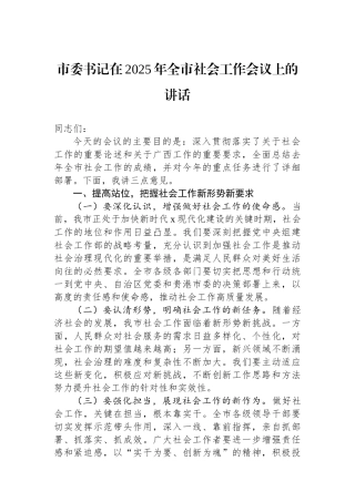 市委书记在2025年全市社会工作会议上的讲话