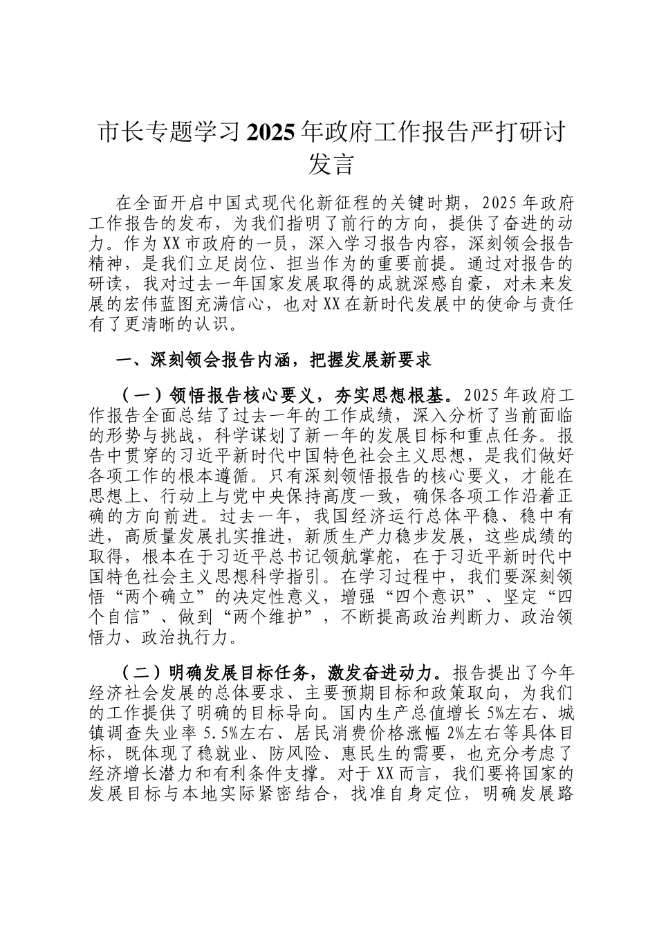 市长专题学习2025年政府工作报告严打研讨发言_第1页