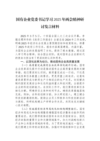 20250321国有企业党委书记学习2025年两会精神研讨发言材料
