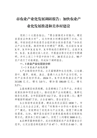 20250321市农业产业化发展调研报告：加快农业产业化发展推进和美乡村建设