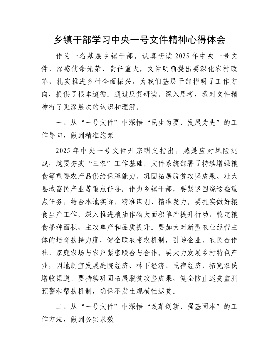 20250321乡镇干部学习中央一号文件精神心得体会_第1页