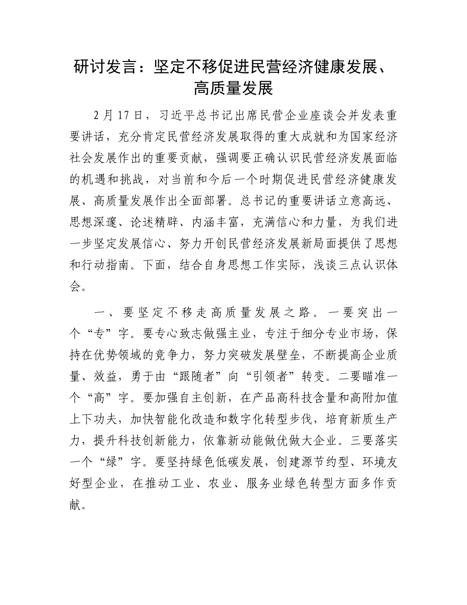 20250321研讨发言：坚定不移促进民营经济健康发展、高质量发展_第1页