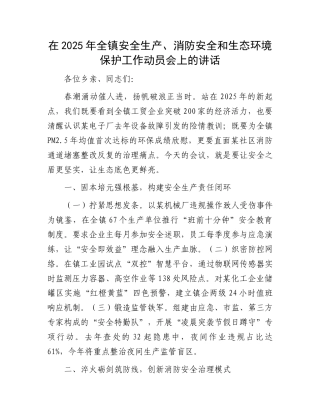 20250321在2025年全镇安全生产、消防安全和生态环境保护工作动员会上的讲话