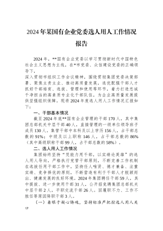 202502262024年某国有企业党委选人用人工作情况报告