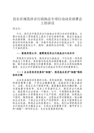 县长在规范涉企行政执法专项行动动员部署会上的讲话