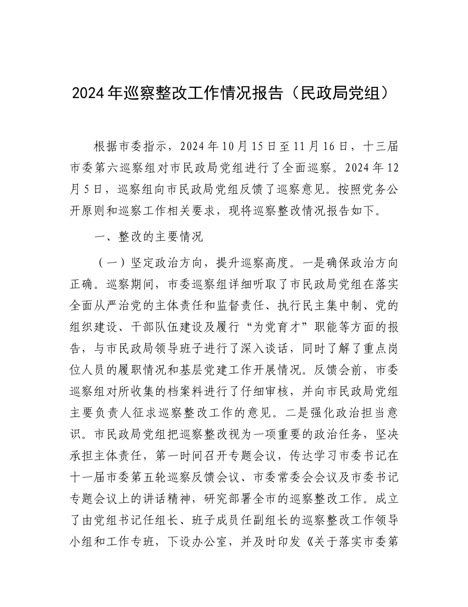 202503182024年巡察整改工作情况报告（民政局党组）_第1页