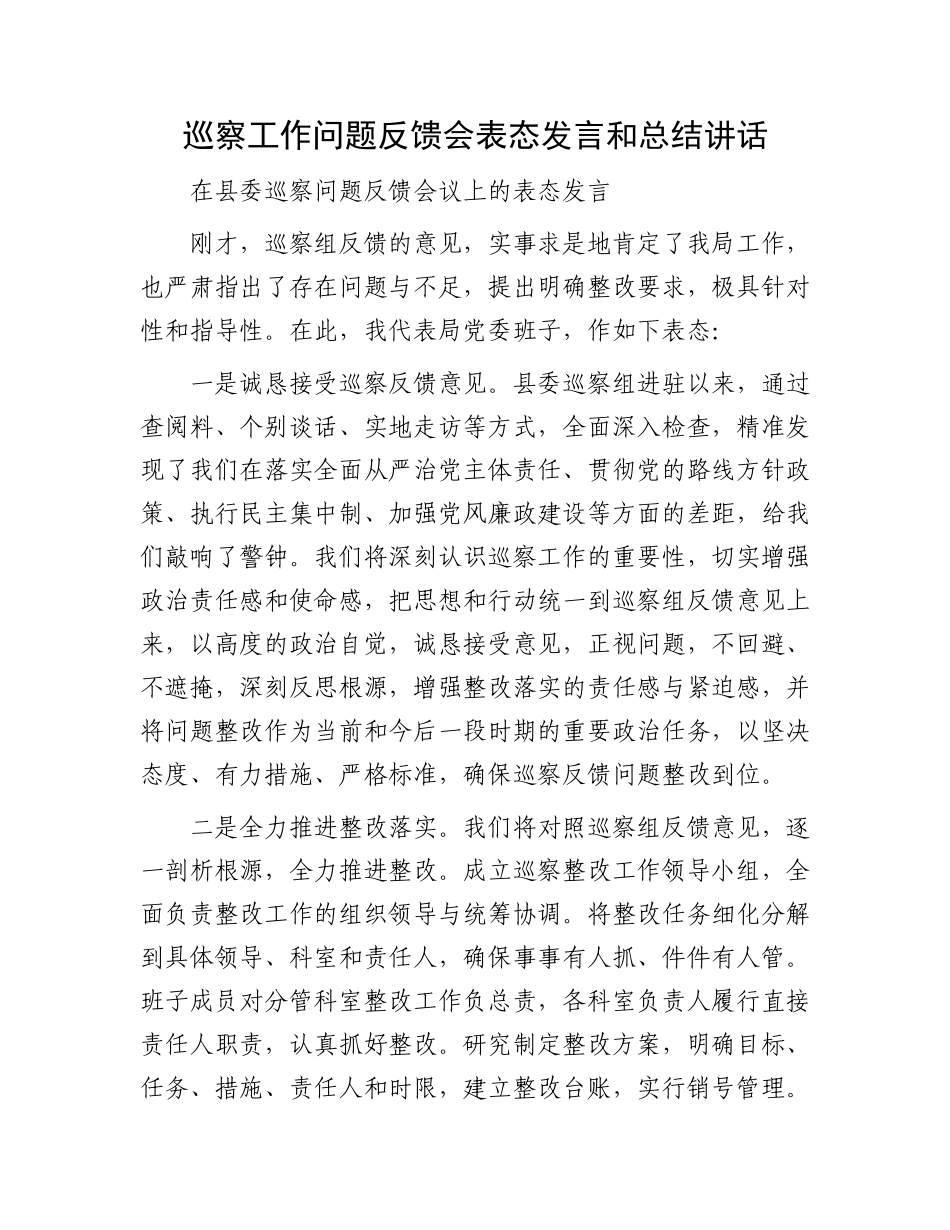 巡察工作问题反馈会表态发言和总结讲话 (1)_第1页