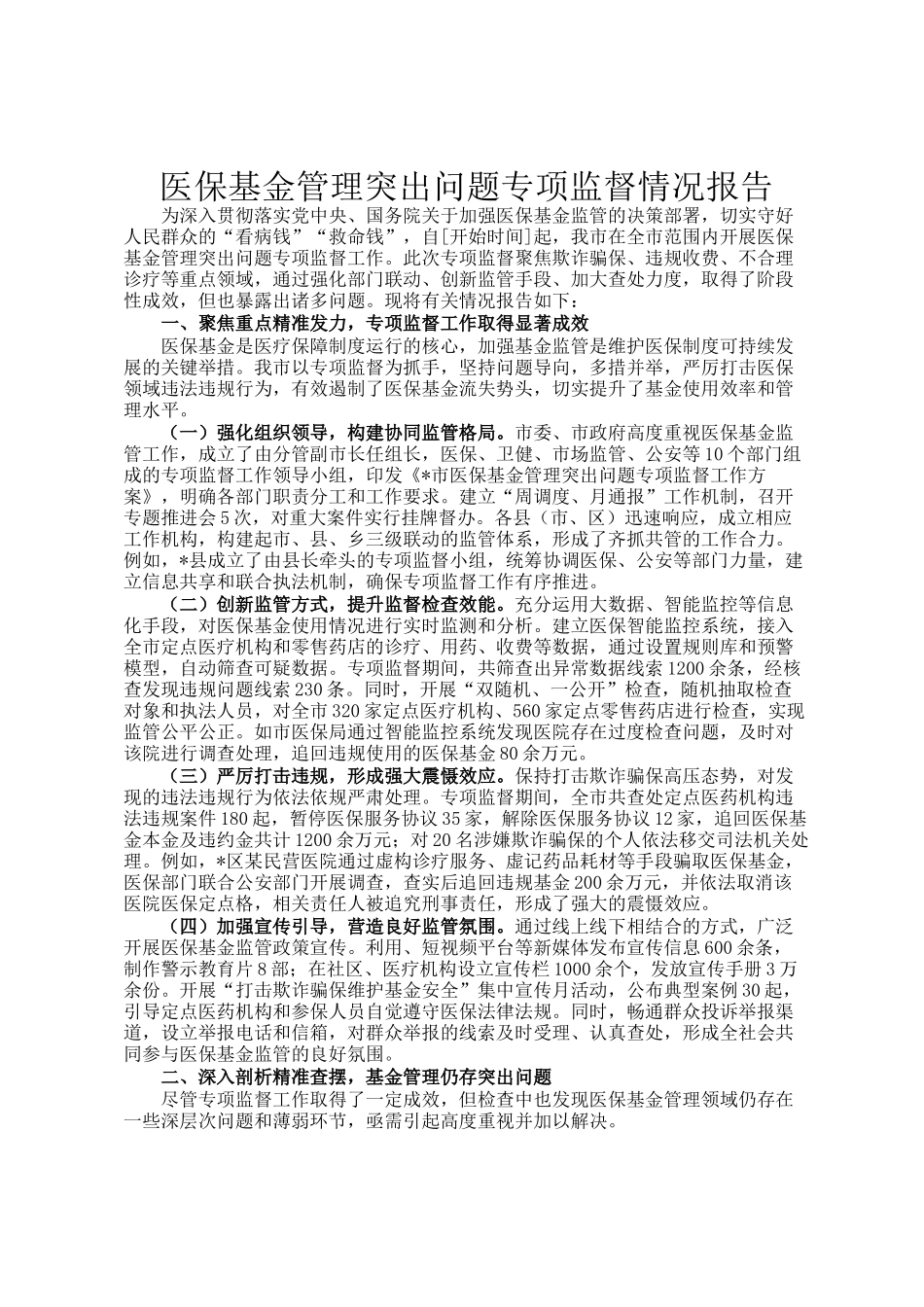 医保基金管理突出问题专项监督情况报告_第1页