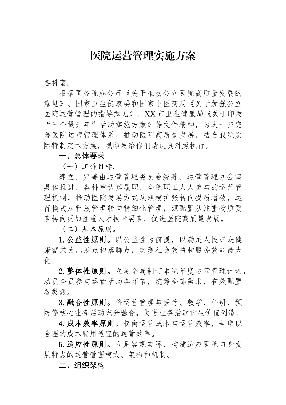 医院运营管理实施方案_第1页
