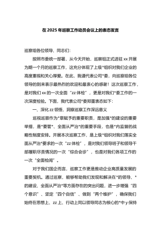 在2025年巡察工作动员会议上的表态发言