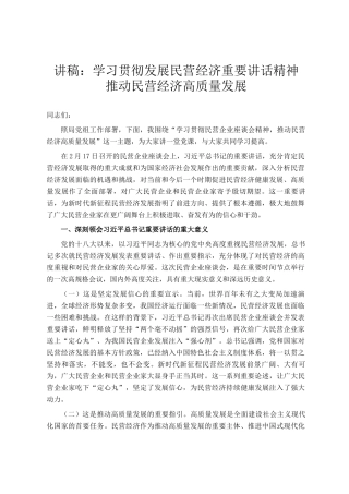 讲稿：学习贯彻发展民营经济重要讲话精神 推动民营经济高质量发展