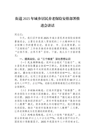街道2025年城乡居民养老保险安排部署推进会讲话