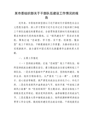 某市委组织部关于干部队伍建设工作情况的报告