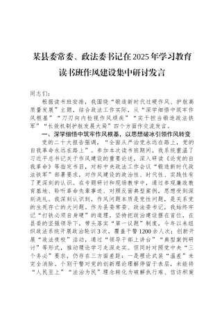 某县委常委、政法委书记在2025年八项规定学习教育读书班作风建设集中研讨发言