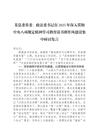 某县委常委、政法委书记在2025年深入贯彻中央八项规定精神学习教育读书班作风建设集中研讨发言