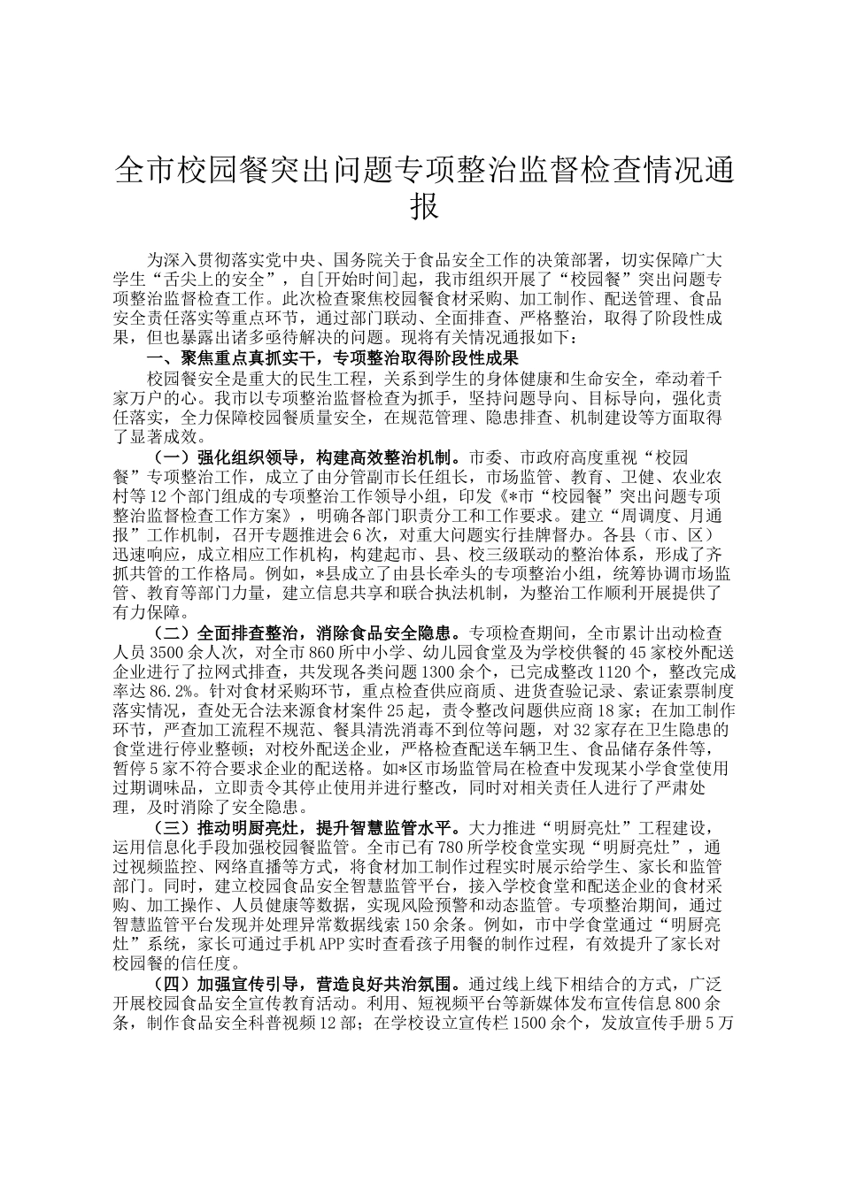 全市校园餐突出问题专项整治监督检查情况通报_第1页