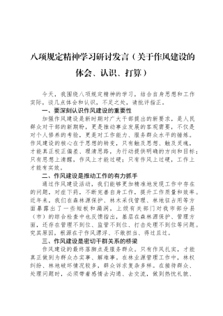八项规定精神学习研讨发言（关于作风建设的体会、认识、打算）