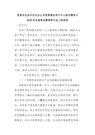 党委书记在中石化分公司党委理论学习中心组专题学习2025年全国两会精神研讨会上的讲话【更多材料关