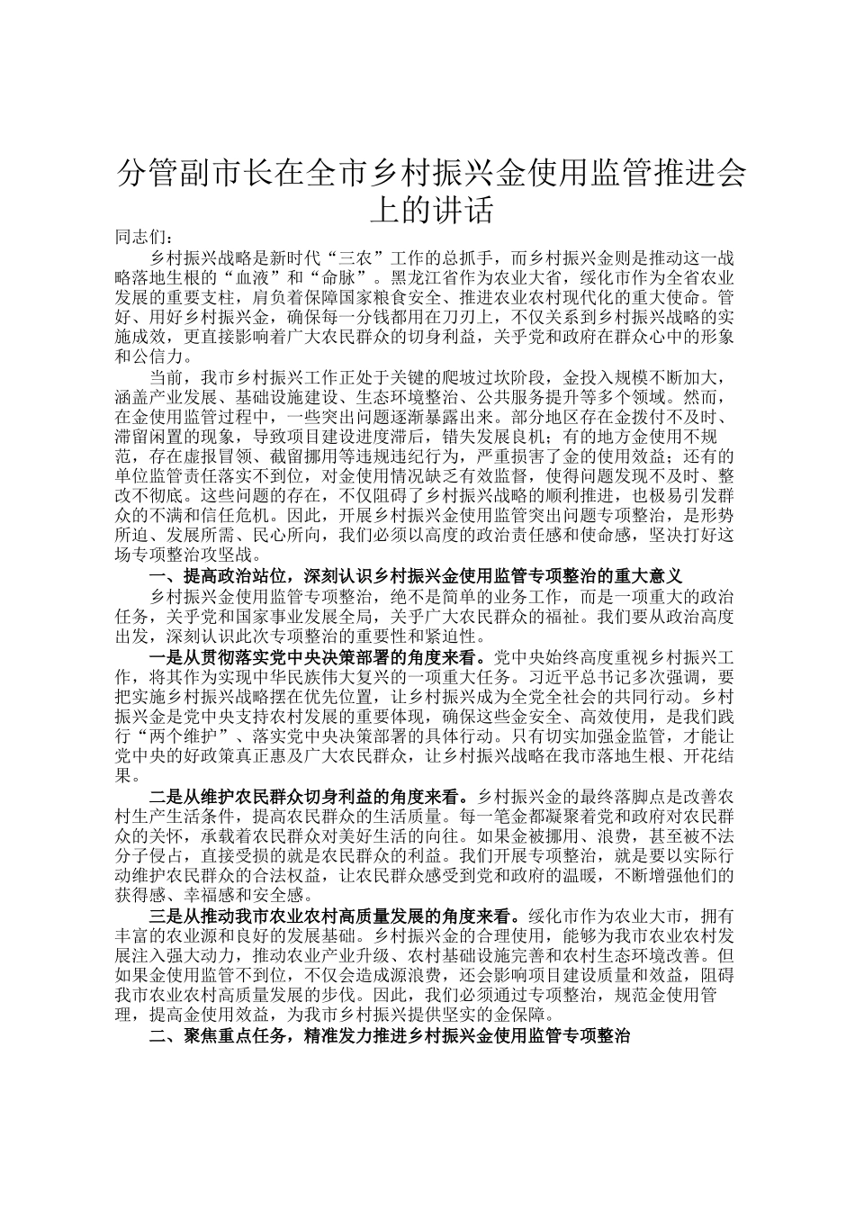 分管副市长在全市乡村振兴资金使用监管推进会上的讲话_第1页
