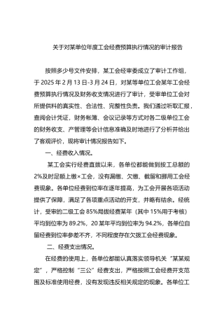 关于对某单位年度工会经费预算执行情况的审计报告