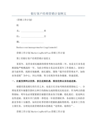 银行客户经理营销计划例文