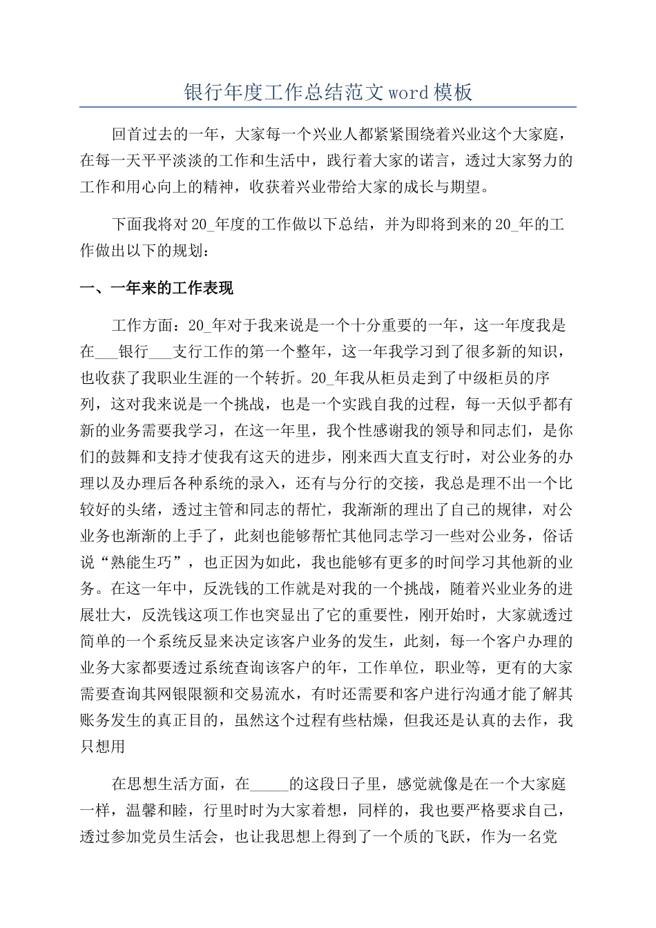 银行年度工作总结范文word模板_第1页