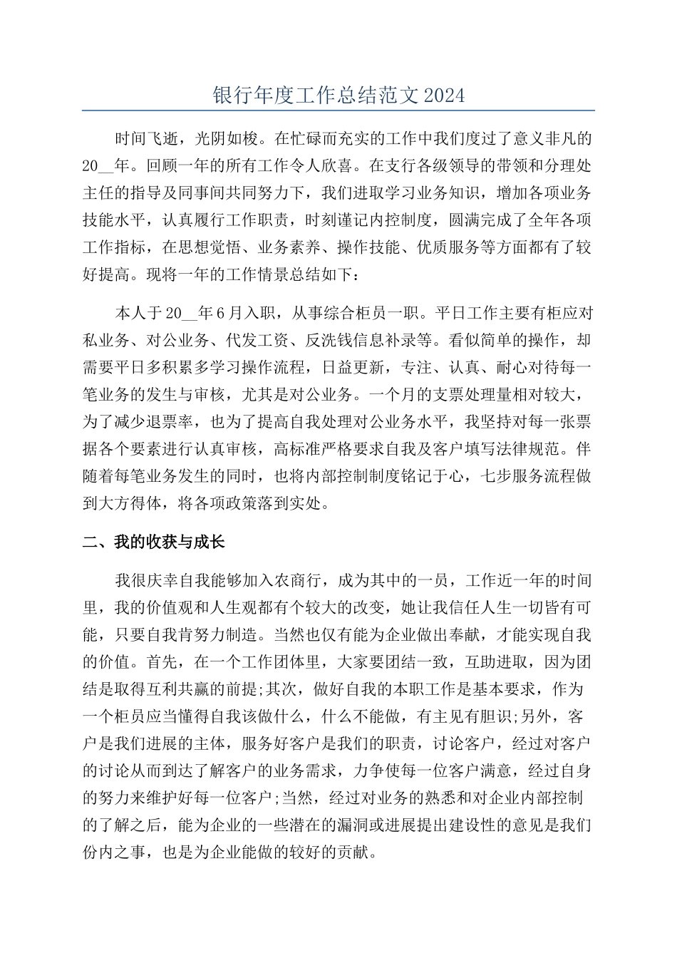 银行年度工作总结范文2024_第1页